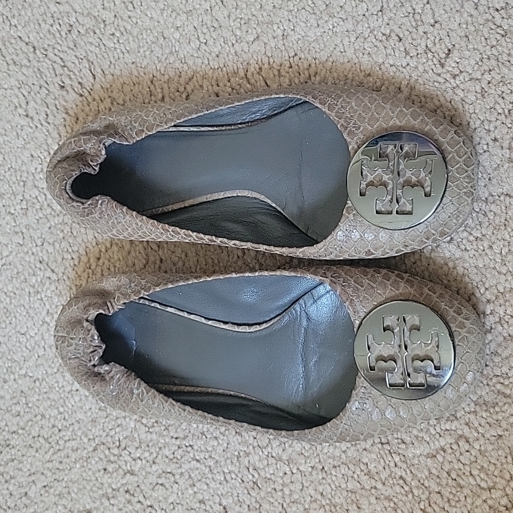 Tory Burch Silver Python Embossed Leather Reva Ballet Flats 